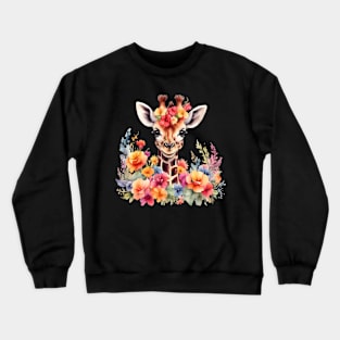 A giraffe decorated with beautiful watercolor flowers Crewneck Sweatshirt